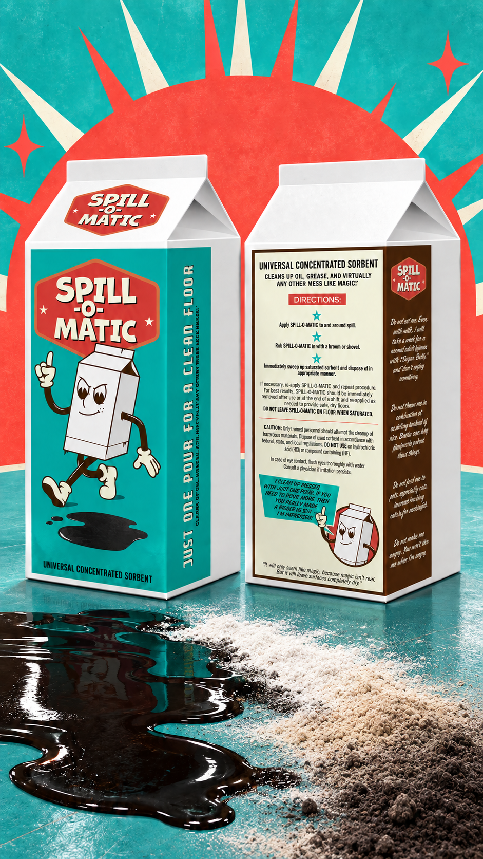 Front and back of Spill-O-Matic cartons beside a spill