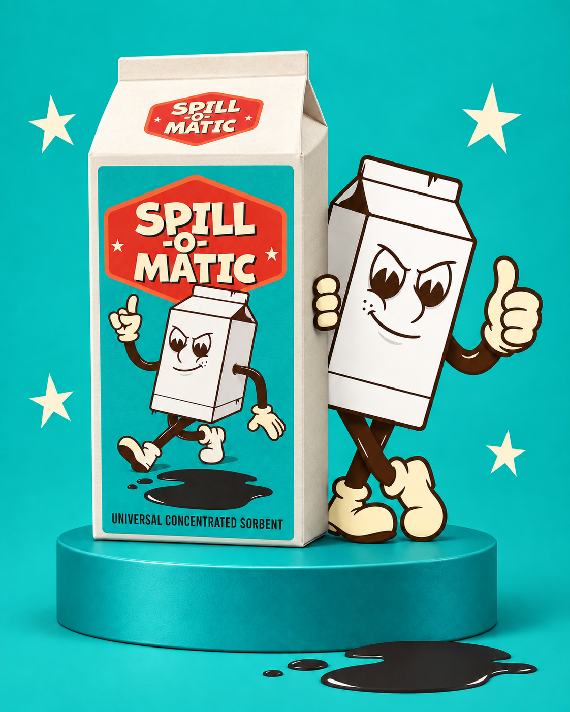 Spill-O-Matic carton with mascot giving a thumbs-up
